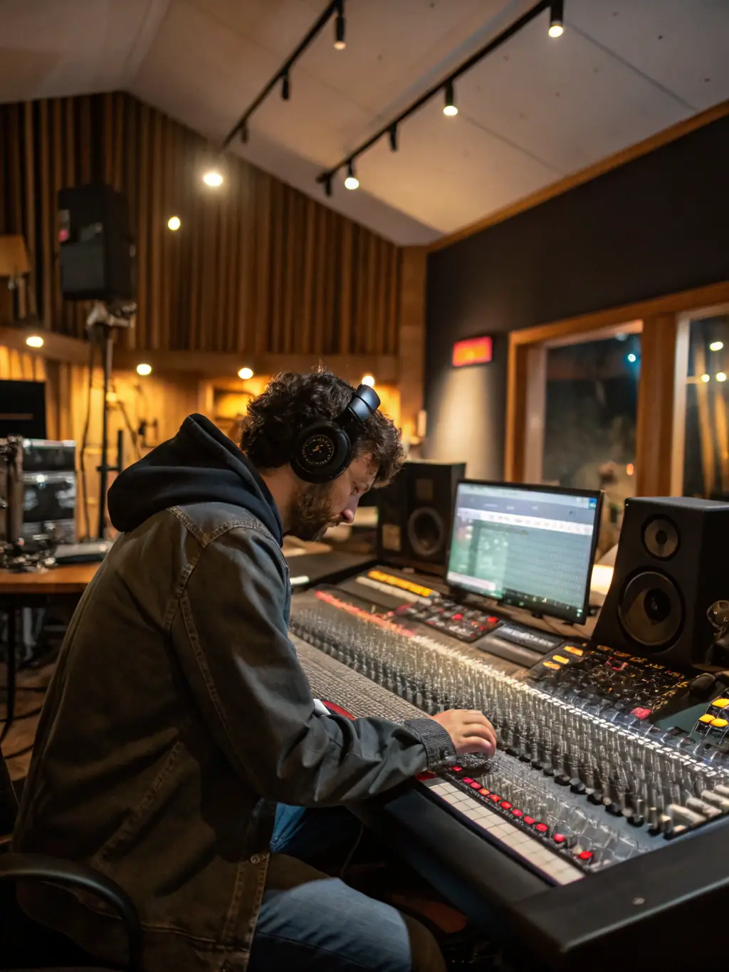 A photo of a musician recording in a professional studio, highlighting MUSIKAIROS's support for artists in music production.