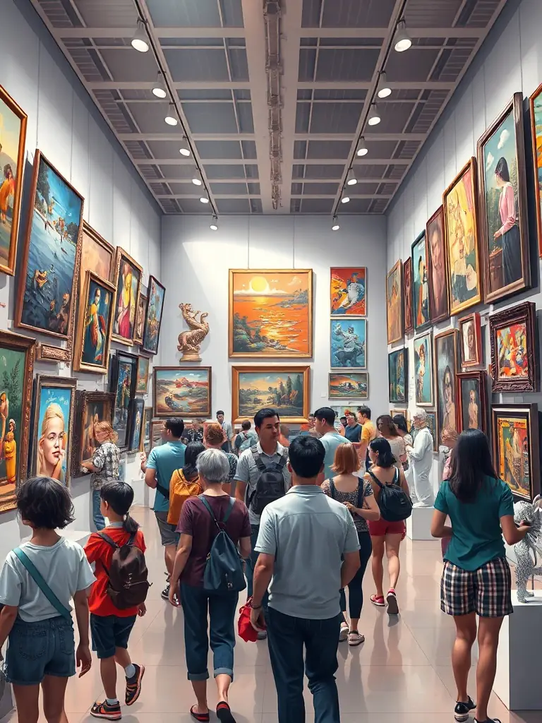 A vibrant image of a MUSIKAIROS-supported art exhibition, featuring diverse artworks and enthusiastic attendees, emphasizing the organization's role in promoting artistic expression.