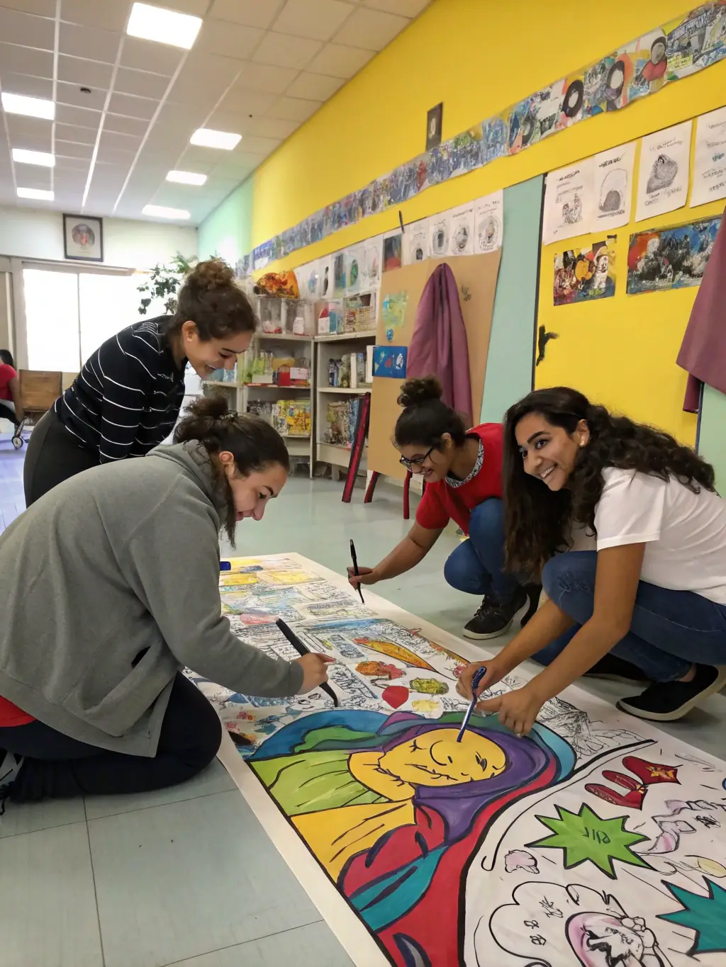 A photograph capturing a diverse group of artists participating in a MUSIKAIROS-sponsored workshop, showcasing hands-on learning and creative collaboration.