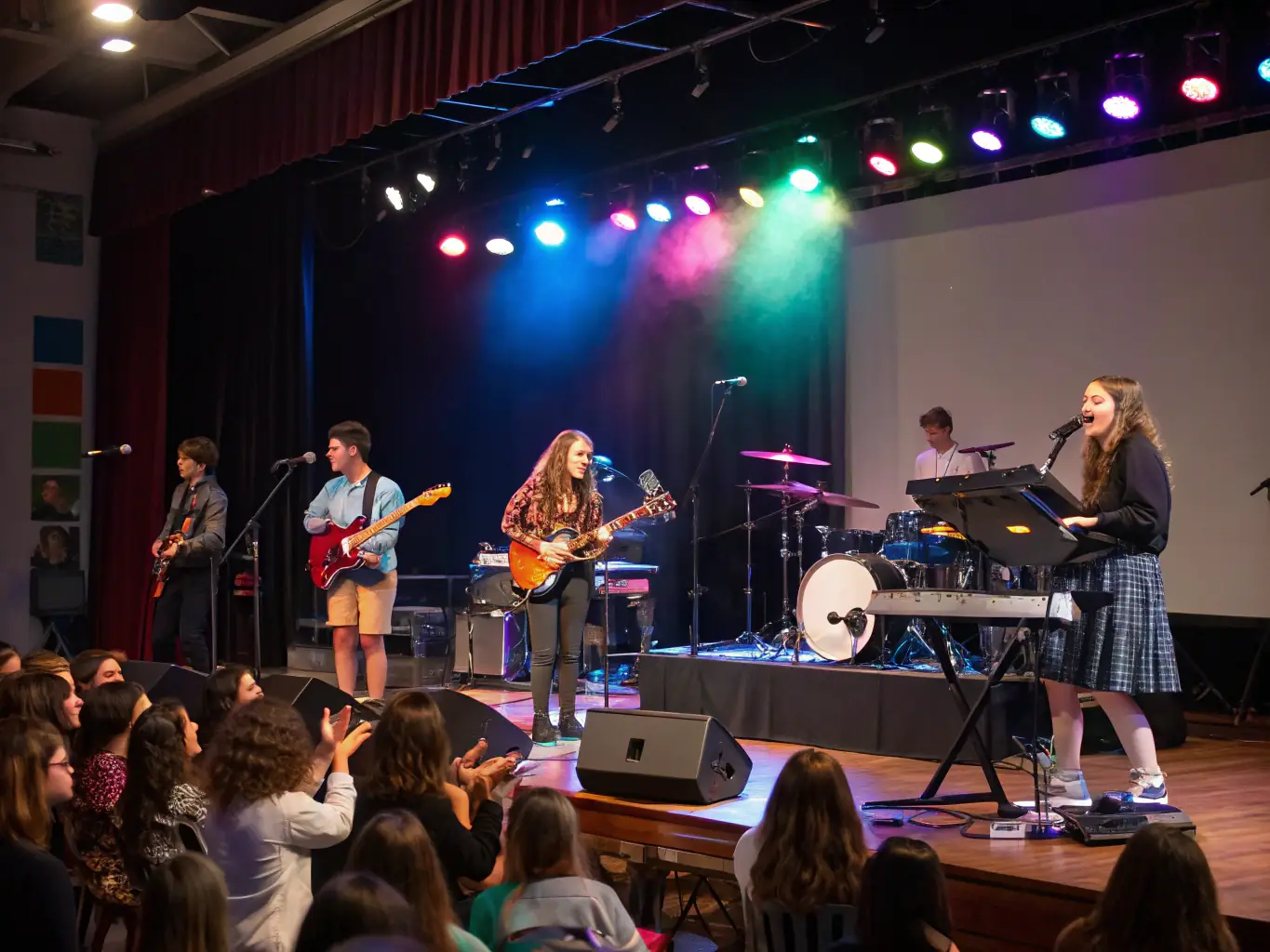 A dynamic image of a live performance event organized by MUSIKAIROS, featuring musicians on stage and an engaged audience, highlighting the organization's role in promoting artistic expression.