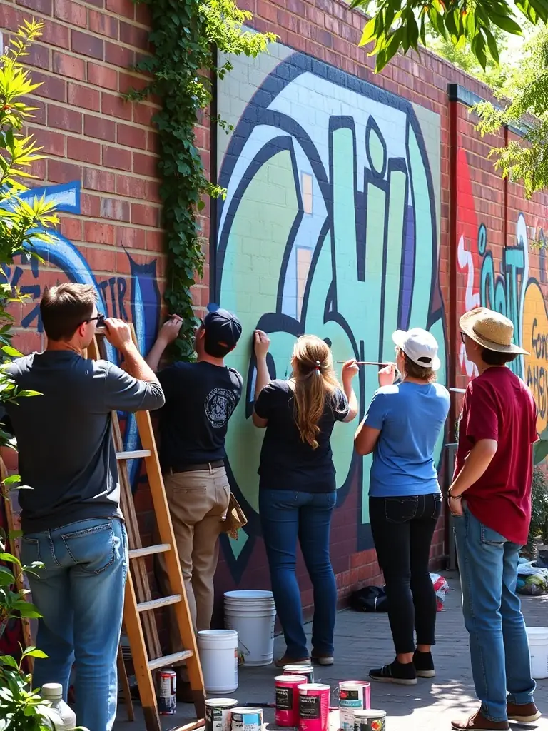 A photograph of a diverse group of artists collaborating on a mural project in a community space, showcasing the collaborative spirit of MUSIKAIROS's community arts program.
