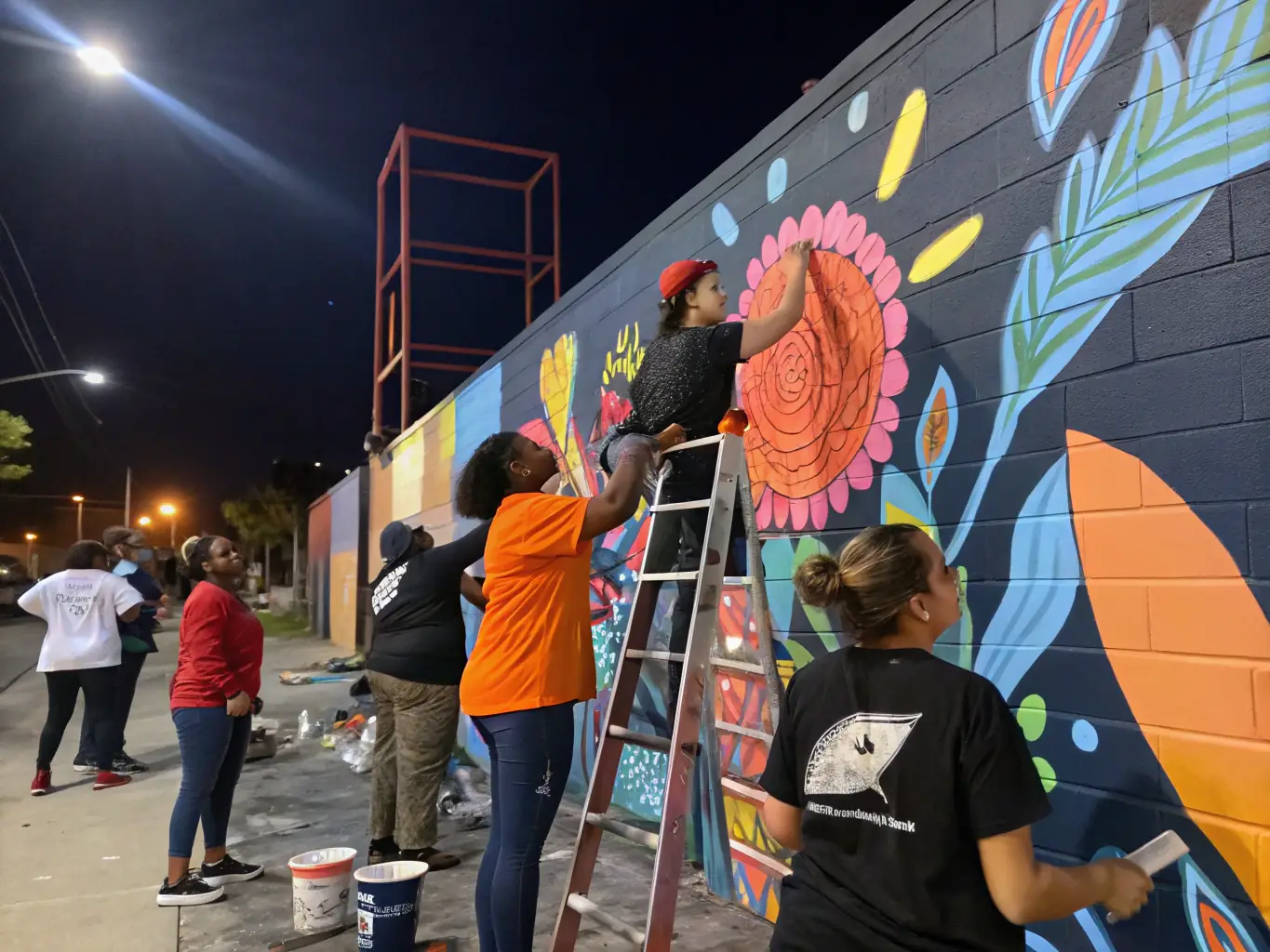 An inspiring image of a community art project facilitated by MUSIKAIROS, with participants of all ages working together on a mural, symbolizing the organization's commitment to community engagement.