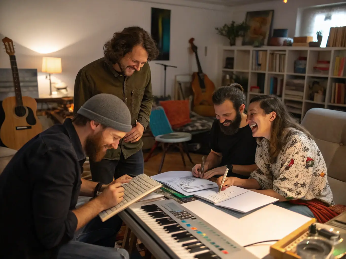 A vibrant image showcasing artists collaborating in a workshop setting, surrounded by various art supplies and equipment, reflecting the collaborative spirit of MUSIKAIROS's programs.
